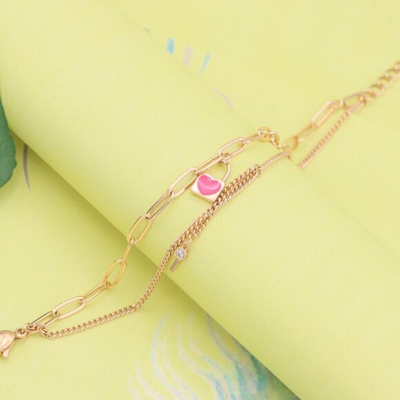 "Dual Layer Rose Gold Bracelet with Heart Lock & Key Charms, XPBL1157 - Picture 2 of 12